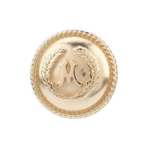 Vintage British style gold metal button with embossed letter M and wheat pattern