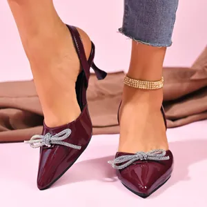 Sandali Slingback a Punta Stile Francese Donna Tacchi a Spillo Eleganti Fiocco Strass Pelle PU Scarpe Matrimonio Festa