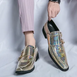 Ανδρικά Βρετανικά Παπούτσια Monk Strap Μυτερή Μύτη Διπλή Αγκράφα Μεταλλικά Ιριδίζοντα Δερμάτινα Παπούτσια Γάμου
