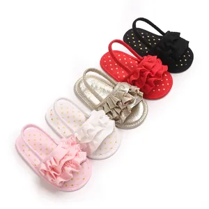 Variety of colorful ruffle strap infant sandals with polka dot insoles for baby girls