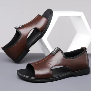 Men's brown leather hollow-out breathable non-slip beach sandals for casual outdoor wear