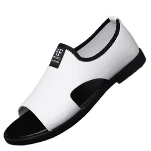 Stylish men's breathable white leather casual sandals with a unique hollow beach design