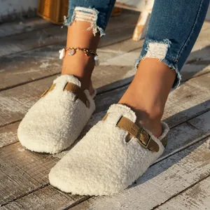 Women Faux Sherpa Fur Mules Flat Buckle Loafers Warm Plush Slip-On Slippers Casual Round Toe Closed Toe Shoes For Women