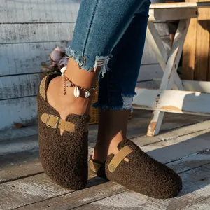 Stylish brown fuzzy flat clogs for women with decorative square buckle outdoors