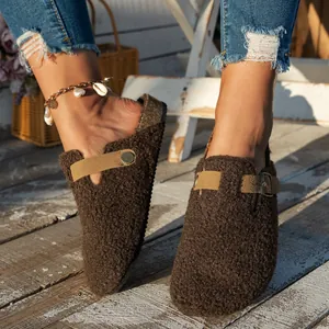 Fashionable brown fuzzy teddy fleece clogs with adjustable buckle strap for women