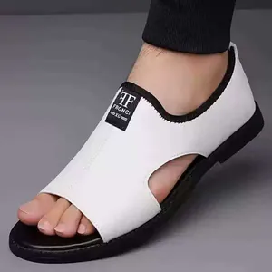 Men's breathable white leather cutout beach sandals with black sole and non-slip design