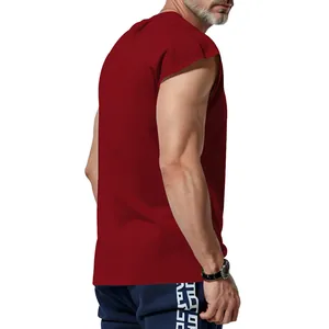 Side view of a men's loose burgundy sleeveless tank top showing the relaxed fit