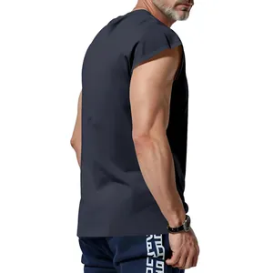 Side view detail of a men's navy blue casual sleeveless tank top for summer wear