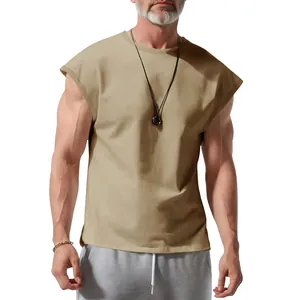Close-up of a men's loose khaki sleeveless t-shirt on a fit model for casual summer style