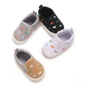 Soft-sole baby canvas shoes with colorful dinosaur patterns for infant pre-walkers
