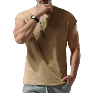 Close-up view of a casual khaki sleeveless cotton T-shirt for men in a relaxed fit