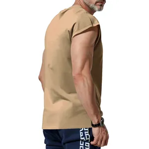 Side view of a khaki sleeveless cotton tank top for men in a loose summer fit