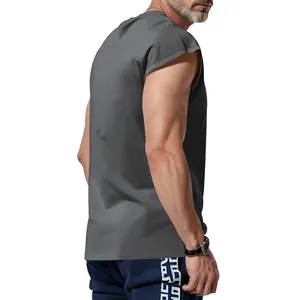 Side view of a men's loose dark grey sleeveless tank top for casual summer fashion