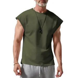 Detailed view of a men's olive green loose fit sleeveless t-shirt on an athletic model