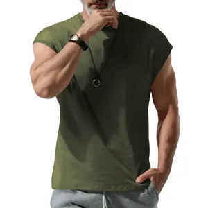 Close-up of olive green sleeveless men's tank top showing fit and fabric texture