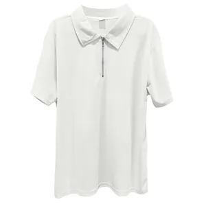 Close-up detail of a minimalist white short sleeve men's Polo shirt with quarter-zip collar