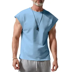 Detail of light blue men's loose sleeveless T-shirt showing casual summer style