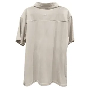 Detailed back view of men's beige short-sleeved Polo shirt with fine ribbed texture