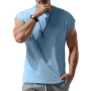 Close-up of the sky blue sleeveless tank top texture and crew neck design for men