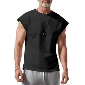 Front view of a men's loose fit black sleeveless T-shirt with comfortable casual style
