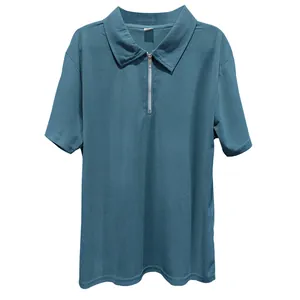 Close-up of a men's teal ribbed polo shirt featuring a silver quarter-zip collar detail.