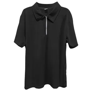 Close-up of black ribbed polo shirt featuring a silver zipper placket
