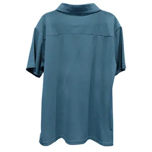 Back view of a men's solid color blue polo shirt with short sleeves and fine texture