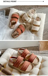Detailed view of rust-orange woven straps on retro bohemian sandals for girls