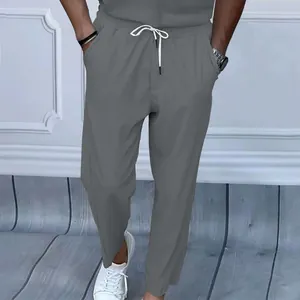 Pantalon décontracté en velours côtelé gris pour homme avec cordon de serrage blanc
