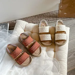 Retro girls' summer sandals with woven pom-pom straps and soft comfortable soles