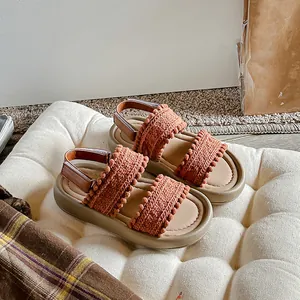 Retro girls' sandals with knit pom-pom straps and soft platform soles for summer.