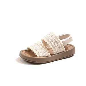 Chic girls' retro crochet sandals with soft thick soles and cute pom-pom trim detail