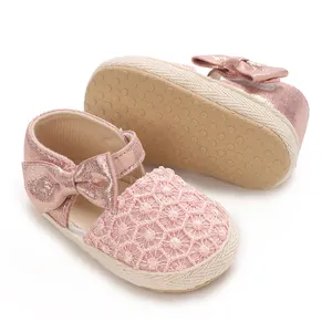 Close-up of pink baby girl princess shoes with lace pattern and non-slip rubber sole