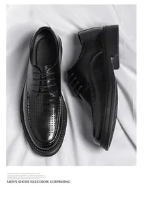 Detailed view of black breathable hollowed-out men's formal leather shoes for summer