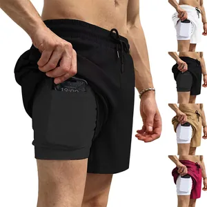 Heren 2-In-1 Hardloopshort Dubbellaags Sneldrogend Sportshort Met Verborgen Telefoonzak Geweven Wafeltextuur Fitnessshort