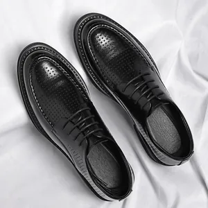 Men Business Formal Leather Shoes Hollow Breathable Summer Oxford Shoes Round Toe Soft Sole Lace-up Office Casual Shoes