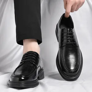 Classic black breathable hollowed leather dress shoes for men's summer business casual wear