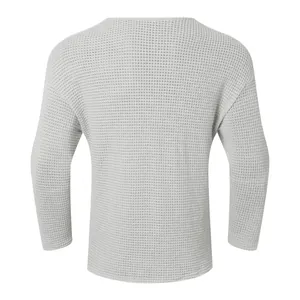 Detailed back view of a men's light grey waffle knit long-sleeved retro sweater