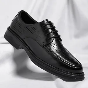 Professional men's black breathable leather business shoes with elegant hollow hole design