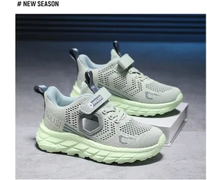 Close-up of lightweight light green boys' mesh sneakers with breathable knit fabric