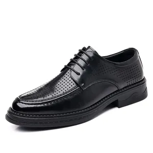 Classic black men's breathable hollow leather dress shoes for business formal wear