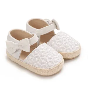 Close-up view of white lace baby girl princess shoes featuring a cute bow and non-slip sole