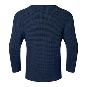 Back view of navy blue waffle knit long sleeve loose sweater for men in high quality