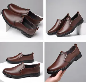 Four detailed views showing brown men's business casual leather shoes with soft soles