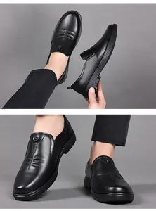 Premium black genuine leather business casual slip-on shoes for men, detailed texture