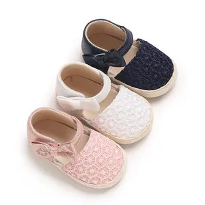 Three pairs of cute baby girl lace bow walking sandals in pink white and navy blue colors