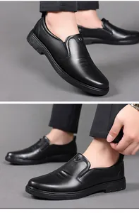 Close-up of premium black genuine leather business casual slip-on loafers for men