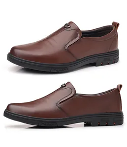 Detailed side profile of men's brown genuine leather business casual slip-on shoes