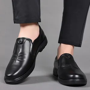Premium black leather men's business casual shoes with soft soles and breathable design.