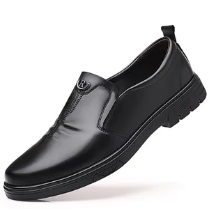 Classic black genuine leather business casual men's loafers featuring a breathable soft sole